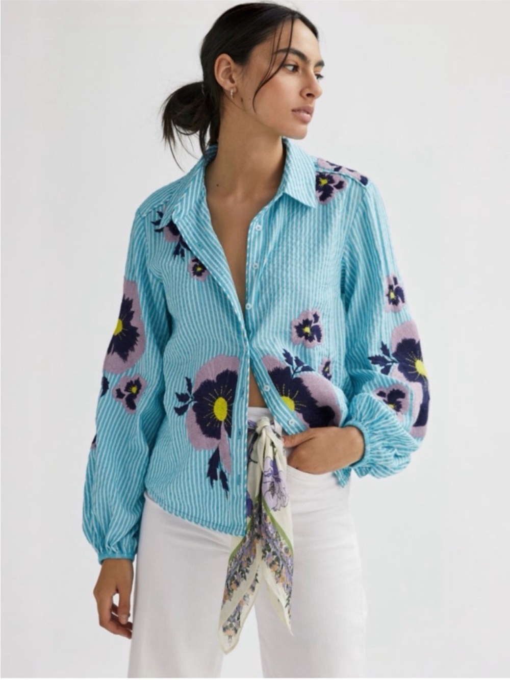 Maeve Anthropologie Embroidered Floral Stripe Button Front Blouse XS